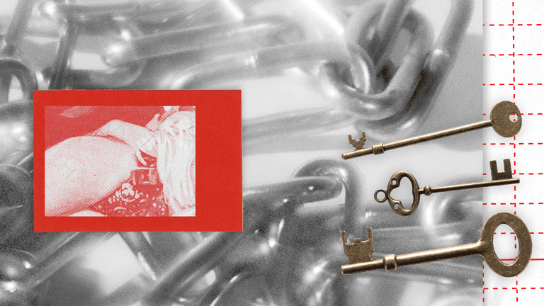 Blurred chains, three antique keys, and a disturbing red-framed graphic image.