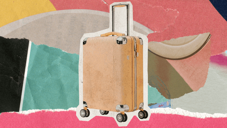 Light orange wheeled suitcase with extended handle against a vibrant ripped paper collage.