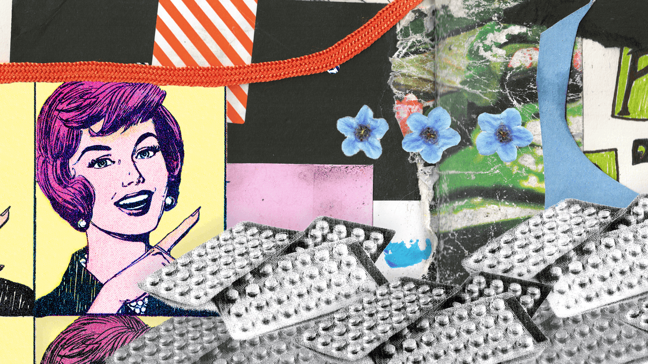 Collage of a comic woman with purple hair pointing, surrounded by blister packs of pills.