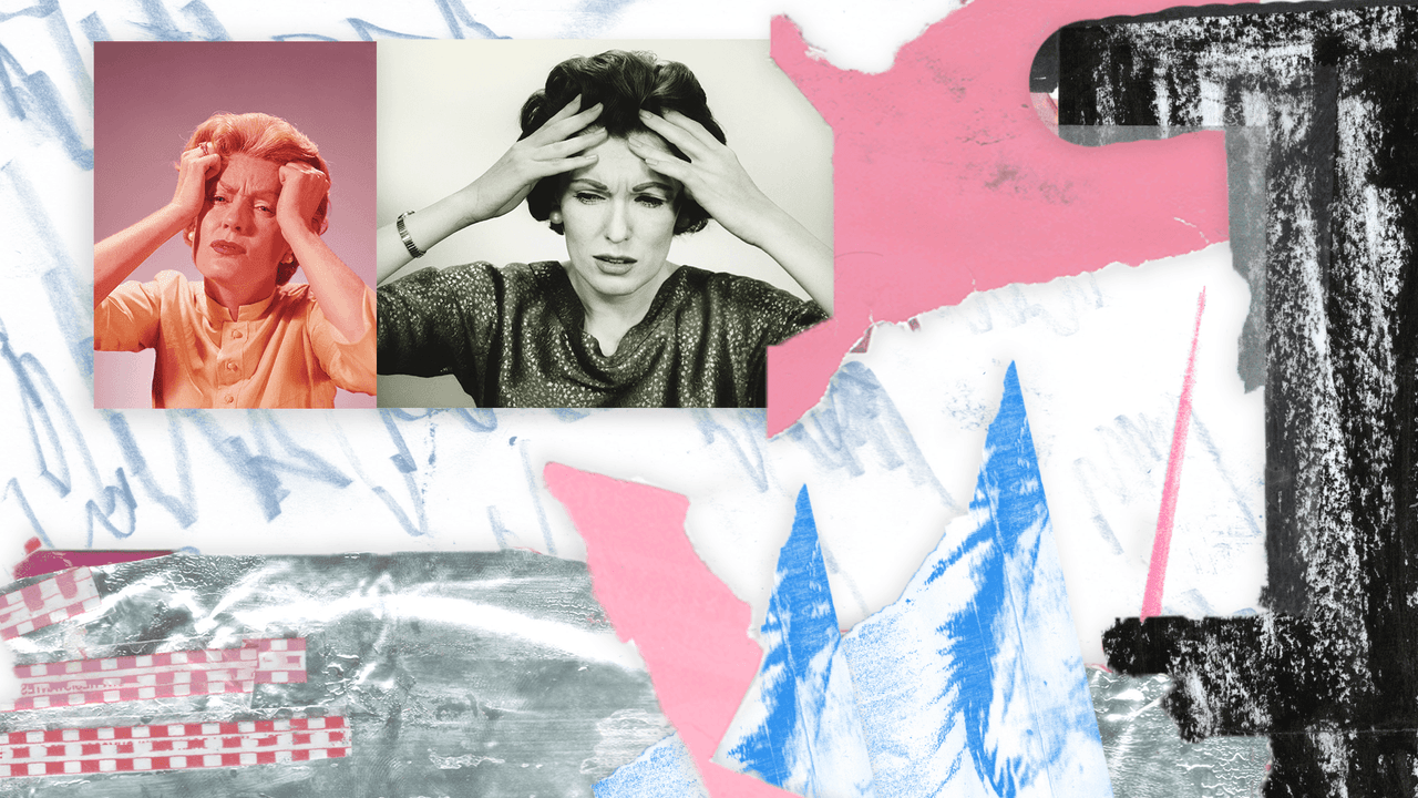 Two vintage photos of distressed women on an abstract, scribbled background.