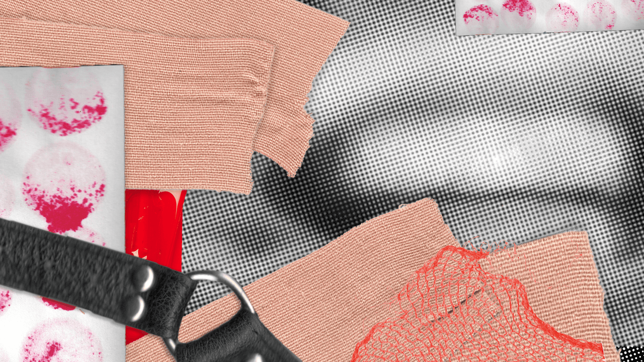 Abstract collage featuring skin-toned bandages, red lipstick marks, a leather strap, and a blurred face.