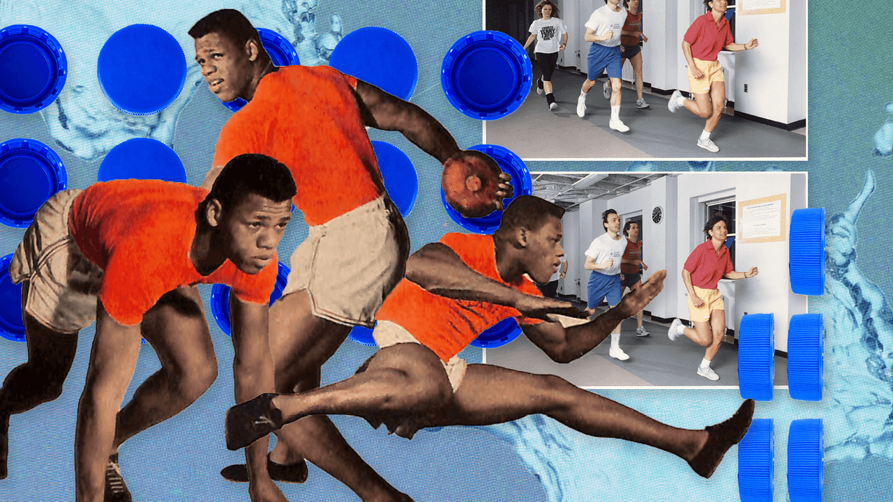 Black male athlete in orange shirt in dynamic poses, throwing and jumping, with background runners.