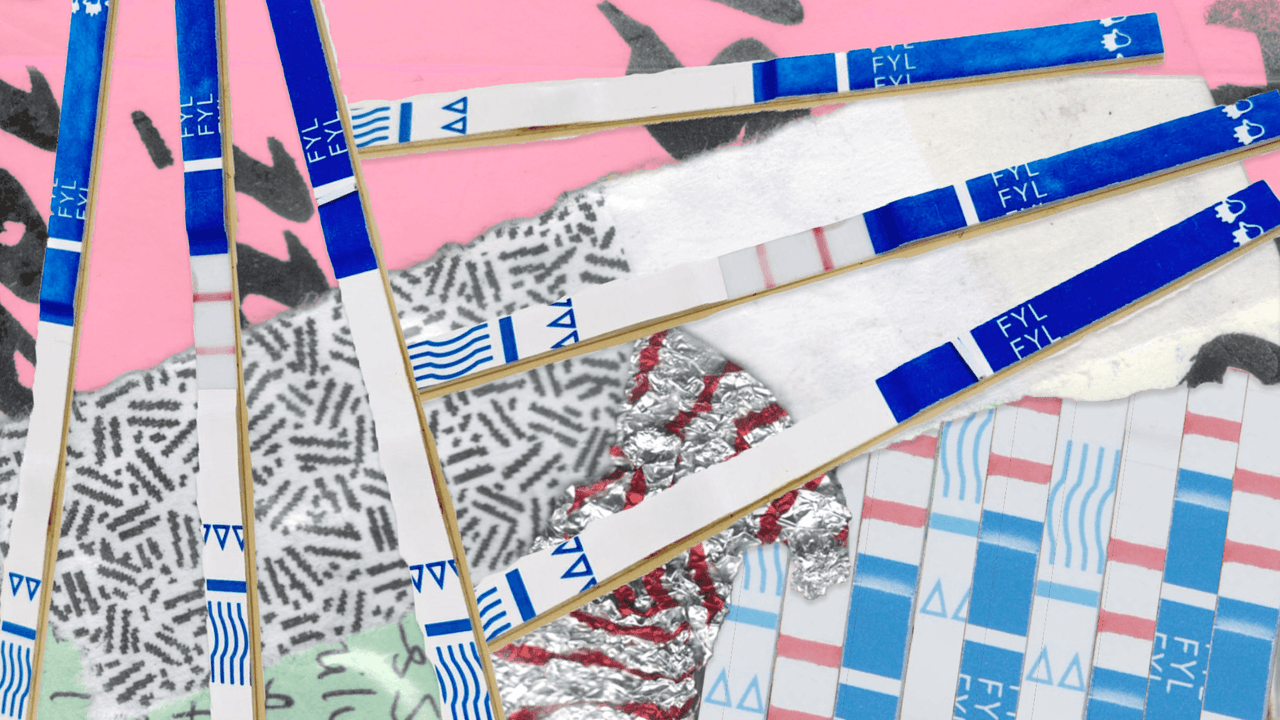 Scattered fentanyl test strips on a colorful background, showing both positive and negative results.