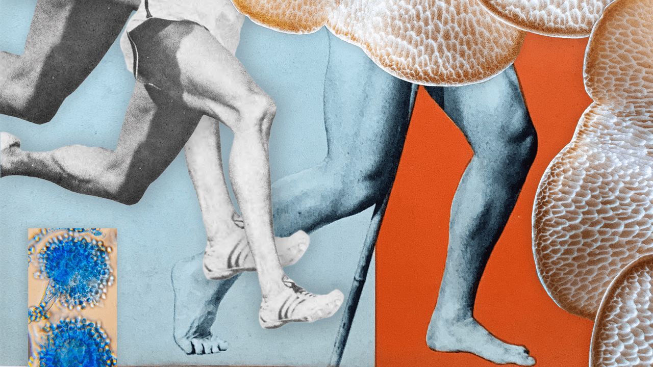 Collage of human legs in running motion with abstract textures and bold color blocks.