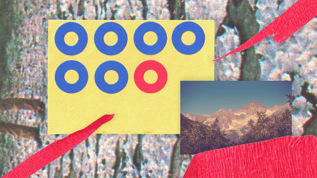 Collage art with yellow rectangle, blue and red circles, mountain photo, and red strips.