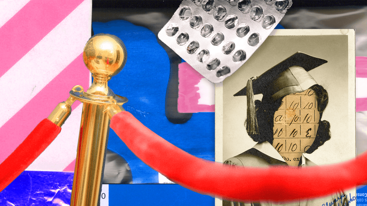 Collage with graduating woman having numeric face, empty pill blister pack, and red rope.