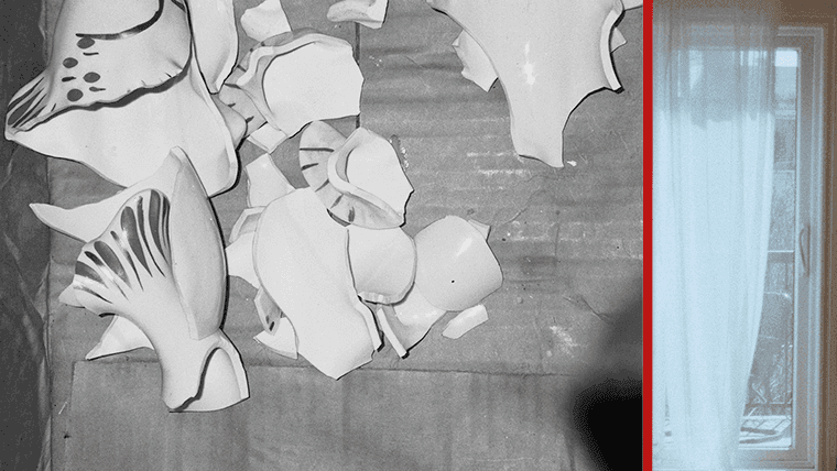 Shattered white porcelain pieces lie on a dark surface next to a window with sheer curtains.