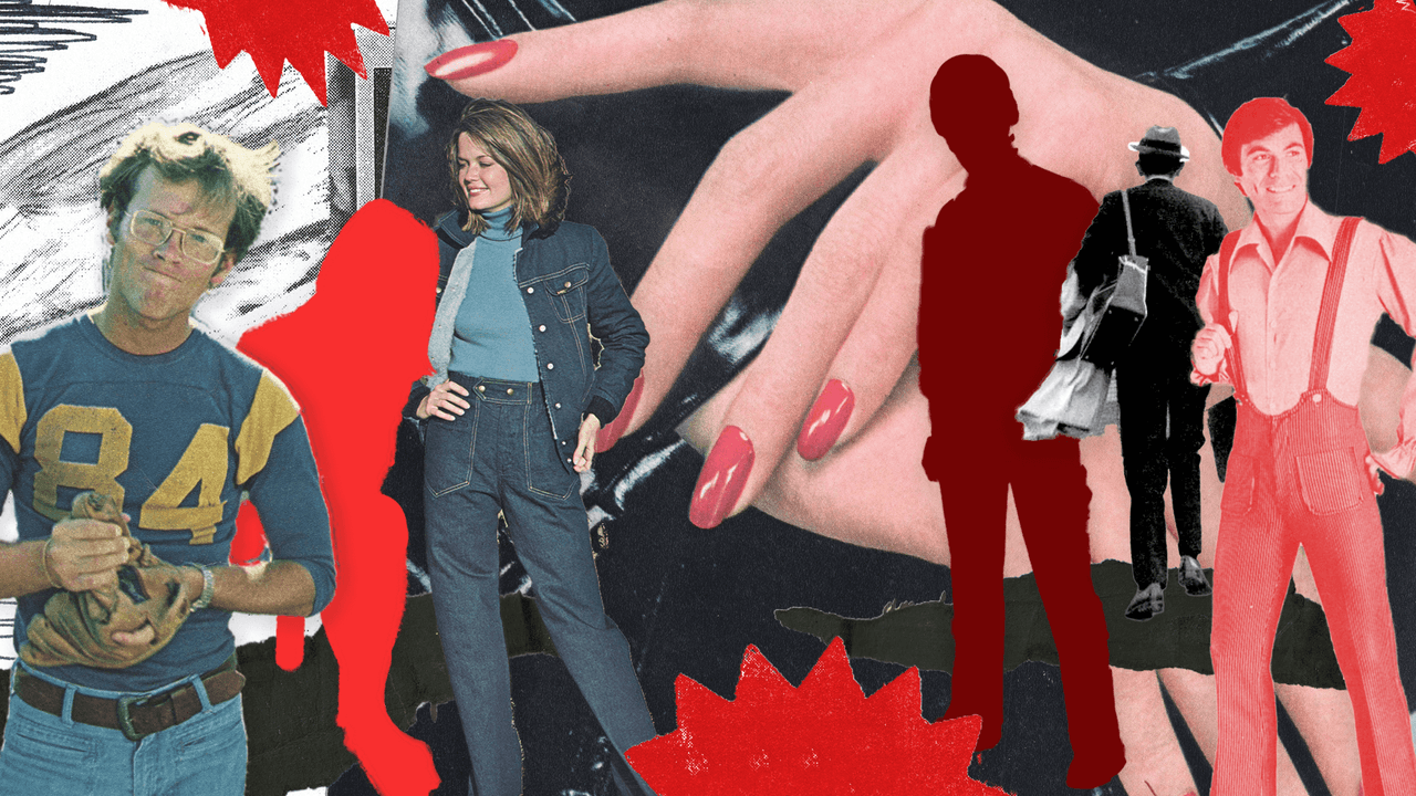 Collage of people, red shapes, and a large hand with painted nails.
