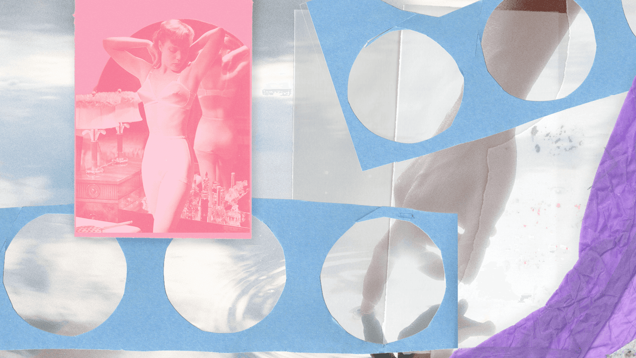 Surreal collage of a pink classical figure, blue circular cutouts, and purple fabric layers.