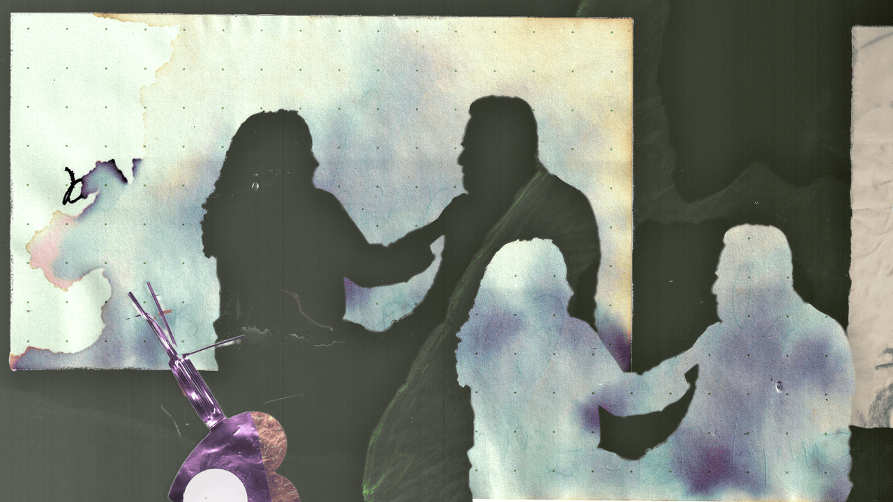 Faded silhouettes of a couple dancing on an aged, stained paper background.