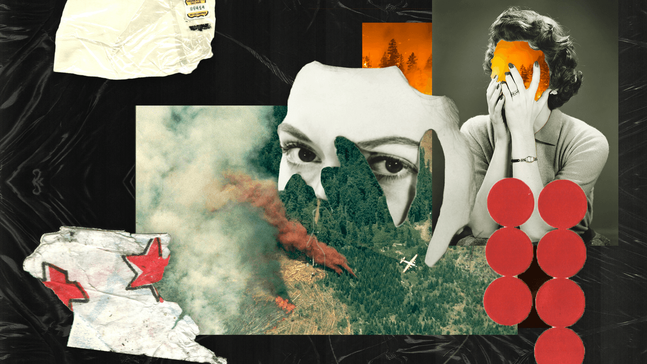 Collage features a wildfire through a person's eyes, with a distressed figure.