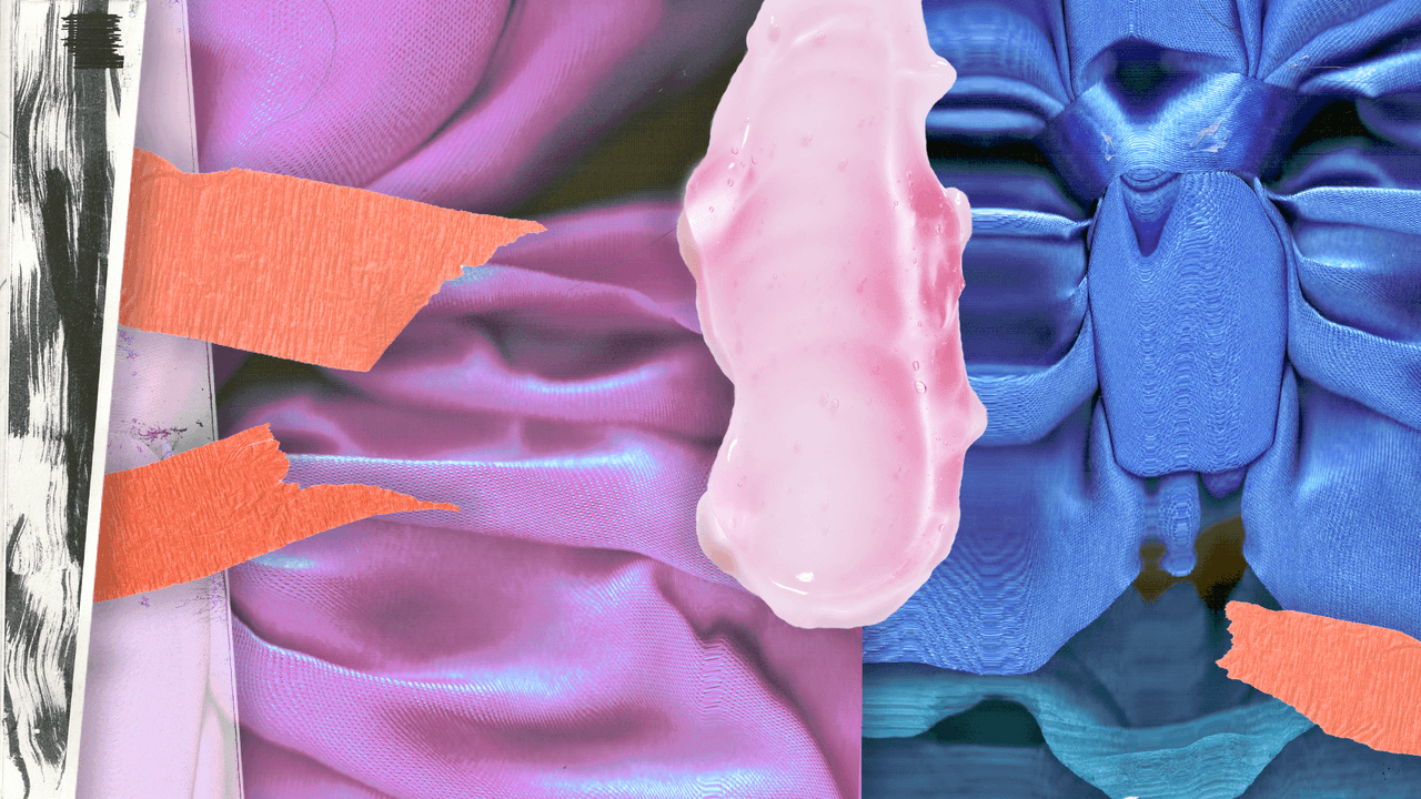 Colorful abstract composition featuring draped satin fabrics, a glossy pink form, and torn orange paper.